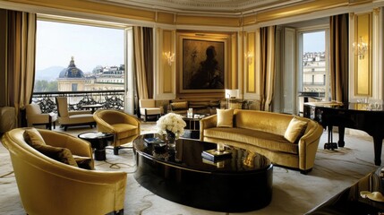 Opulent Parisian Suite Showcasing Classic Elegance and Panoramic Cityscape Views