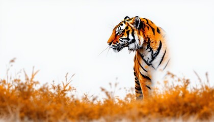 Majestic tiger in profile against a soft white and orange background.