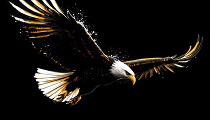 Majestic eagle soaring with powerful wings against a dark backdrop.