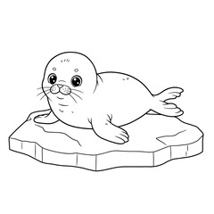 A cute seal pup lounges on a cracked ice floe, gazing with big round eyes amid the frigid landscape.