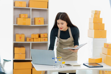 Young Asian girl is a freelancer who has her own business at home. Working with laptop, young woman...