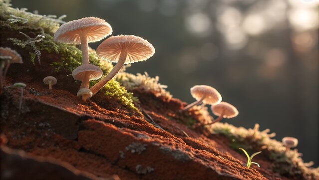 Backlit Fungi & Moss, Detailed Macro Textures of Organic Forest Growth