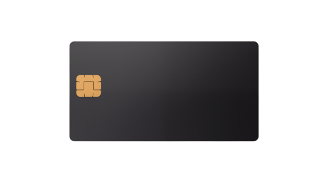 Elegant black credit card mockup features a subtle chip on a transparent background.