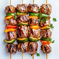 Grilled meat and vegetable skewers with vibrant colors and rich textures.
