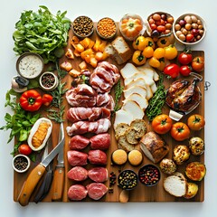 A vibrant spread of fresh ingredients and meats on a wooden cutting board.