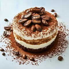 Delicious tiramisu dessert topped with coffee beans on a clean white plate.