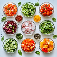 Colorful assortment of fresh vegetables in bowls, showcasing vibrant colors and textures.