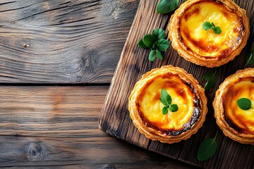 Delicious Portuguese custard tarts on a rustic wooden board with fresh herbs.