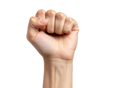 Close-up of raised clenched fist with medium skin tone, front view, isolated on transparent background PNG