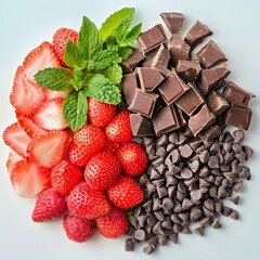 A vibrant arrangement of fresh strawberries, raspberries, and chocolate chunks.