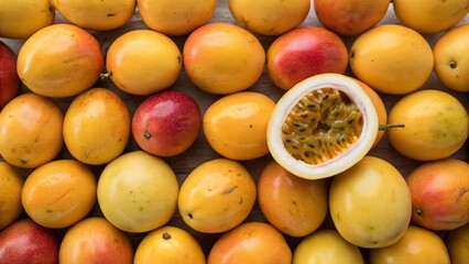 Ripe passion fruit background. Suitable for marketing or business purposes. Panoramic banner with place for text