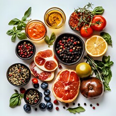 Colorful arrangement of fresh ingredients with fruits and herbs on a white background.