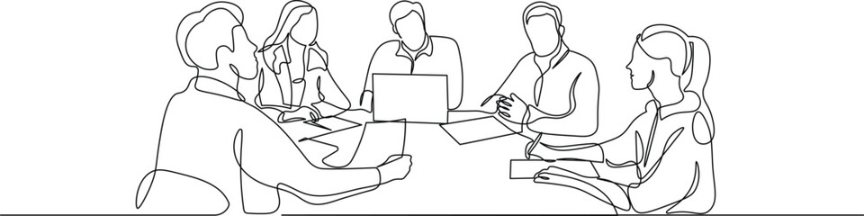 One Line Art People in a Business Meeting Discussing Ideas and Strategy. Minimalist illustration of people meeting in black linear sketch, isolated on white background.