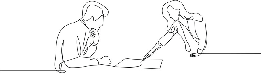 One-Line Art of Businesswoman Explaining a New Idea or Strategy. Minimalist illustration of man and women working together, sketch in black linear sketch isolated on white background