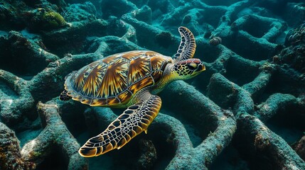 Obraz premium Majestic sea turtle gracefully gliding through the underwater reef formations