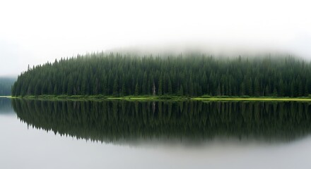 Obraz premium Serene Mist-Shrouded Coniferous Forest Reflected in Still Lake Waters