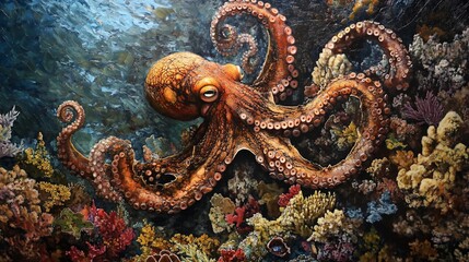 Fototapeta premium Detailed octopus artwork amidst vibrant coral reefs and deep ocean waters