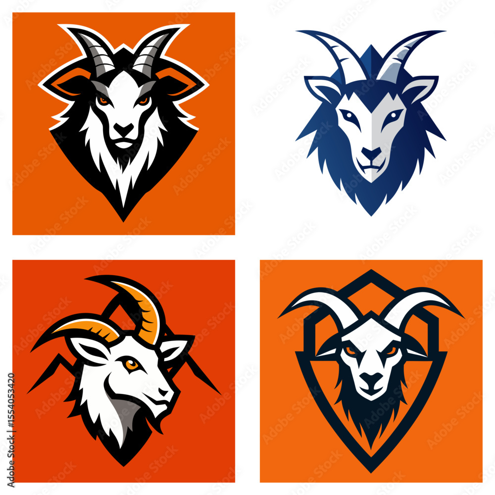 Poster collection of four stylized goat head logos with varying designs and color schemes displayed in a gr