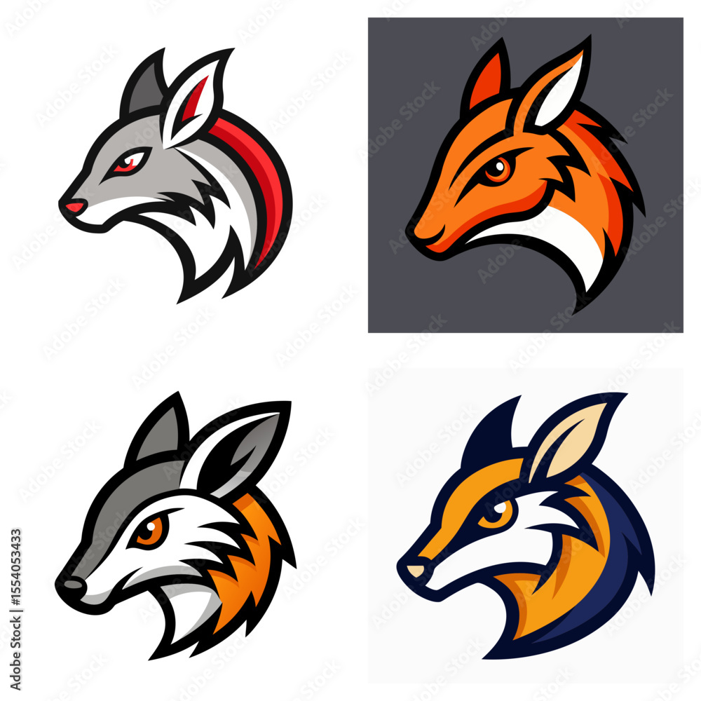 Poster four stylized fox head logos with varied color schemes and distinct design elements displayed neatly