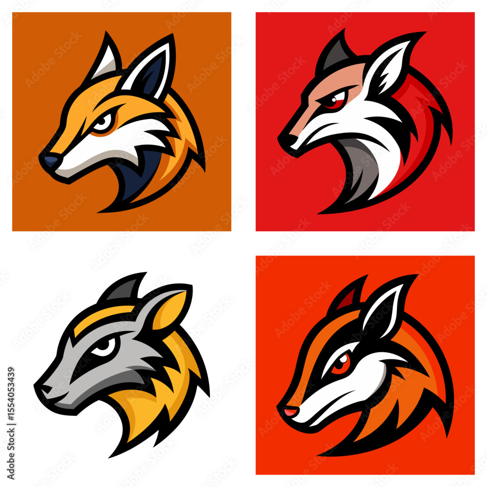 Poster collection of four fox head logos with different color schemes and background color variations shown