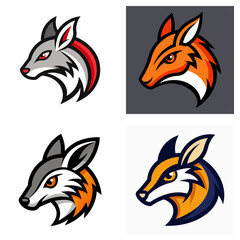 Obraz premium Four stylized fox head logos with varied color schemes and distinct design elements displayed neatly