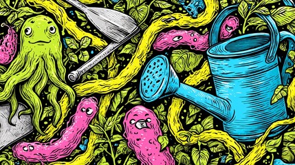 Whimsical Garden Scene Bursting with Life and Colorful Creatures