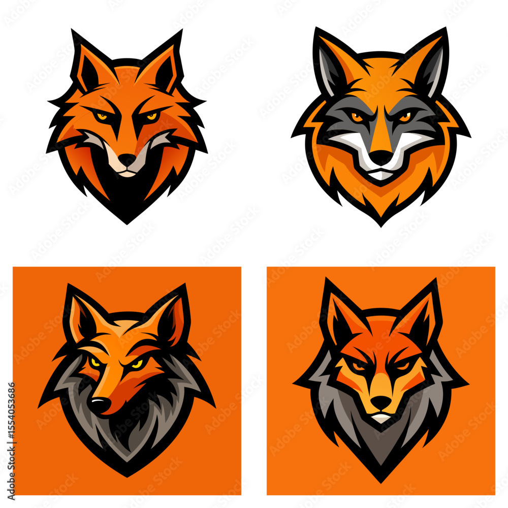 Poster illustrations featuring fox head emblems with sharp features and intense gazes in orange and gray to