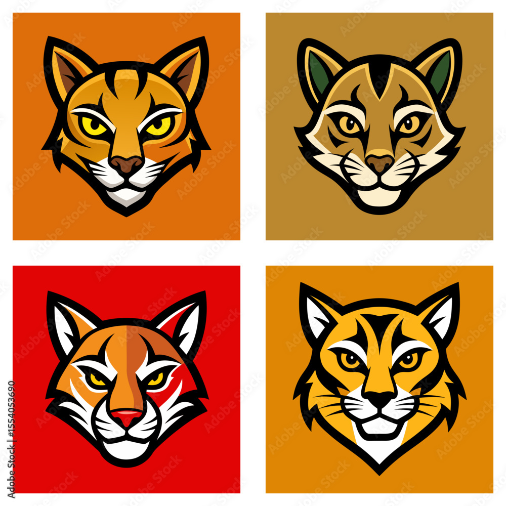 Poster four square panels displaying stylized bobcat heads with varying color schemes and background colors