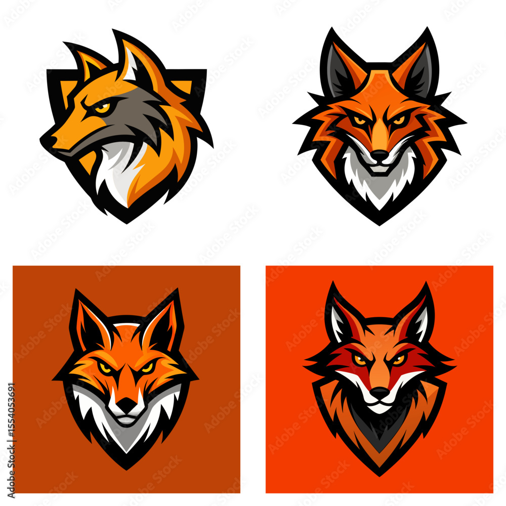 Poster Collection of four fox head logos with different styles and color schemes in a vector format