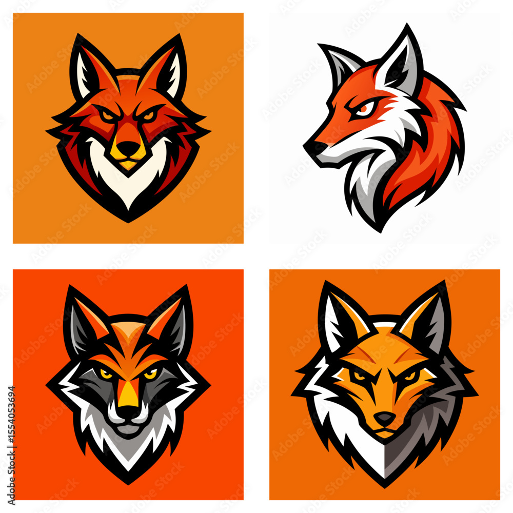 Poster four fox mascot designs with orange backgrounds and intense expressions displayed in a grid layout