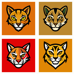 Fototapeta premium Four square panels displaying stylized bobcat heads with varying color schemes and background colors