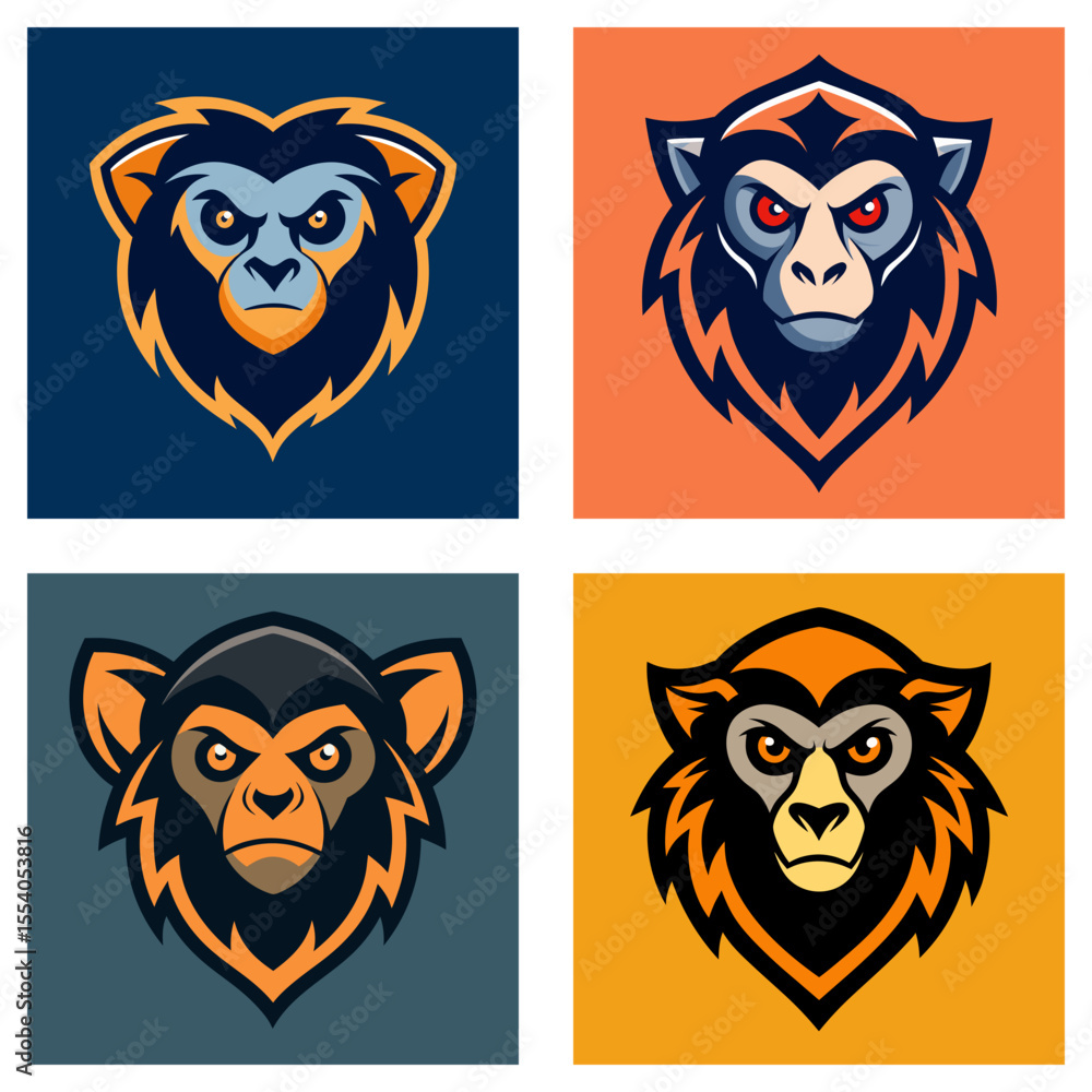 Poster four monkey head logos in different colors and styles with an aggressive expression on the monkey fa