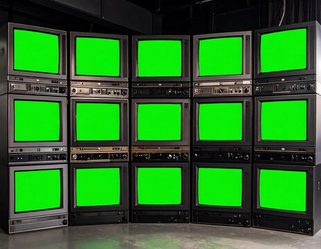 Vintage TVs stacked, green screens