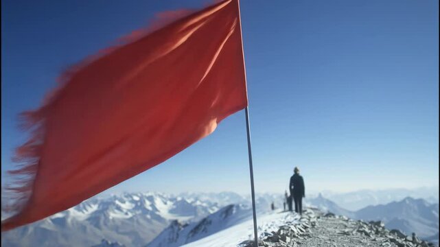 Wind Whips Frayed Flag on Mountain Peak as Sunlight Glints on Stone Outcrop (AI Video)
