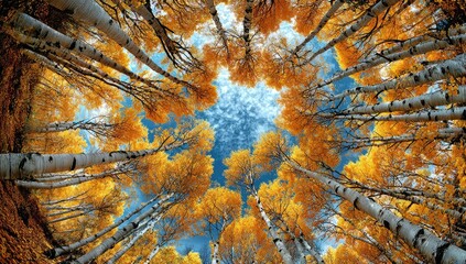 Upward view of golden aspen trees against a blue sky