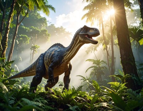 Dinosaur in a lush jungle - Powered by Adobe