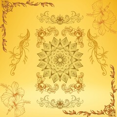 Golden Mandala & Ornate Floral Vector Kit. Elegant Borders, Swirls, and Hibiscus. Perfect for Luxury & Ethnic Themes.