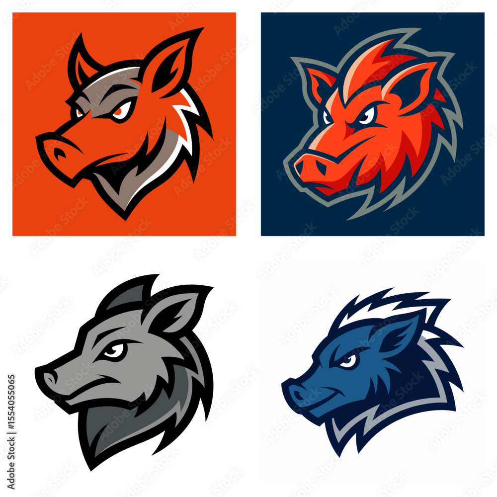 Aufkleber collection of four stylized boar heads in different color schemes and graphic design styles displaye