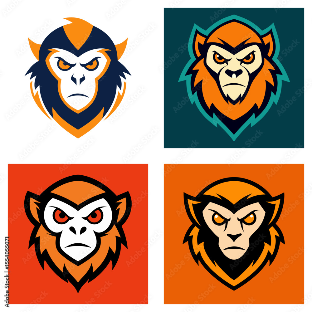 Poster four stylized monkey head logos with varying color schemes and fierce expressions displayed in a gri