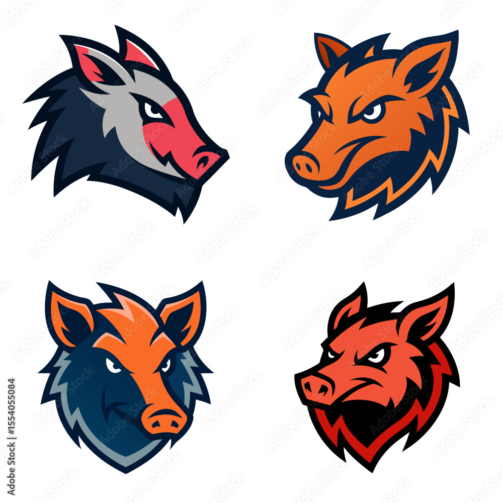Aufkleber collection of four stylized boar heads in various color schemes with aggressive expressions and shar