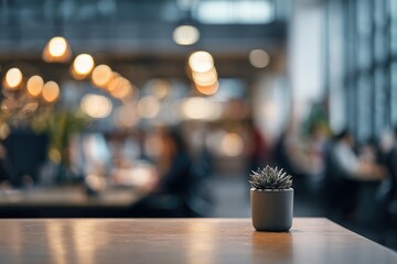Small succulent in grey pot on wooden table, blurred cafe background