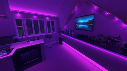 Modern interior featuring stylish bar area with purple ambient lighting concept