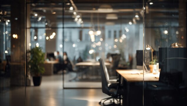 Blurred view of a modern, open-plan office space with glass partitions, desks, computers, and ambient lighting