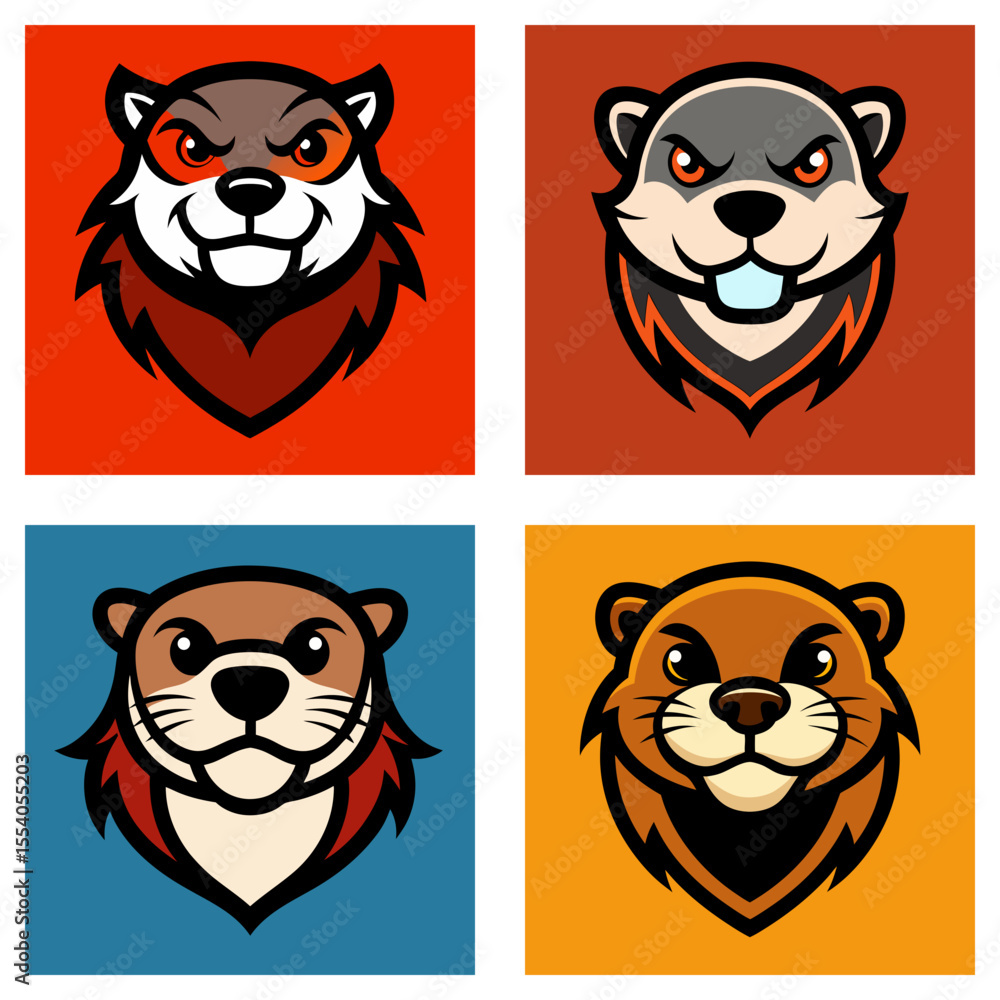 Poster four square cartoon otter heads with different colors and expressions in a grid format design