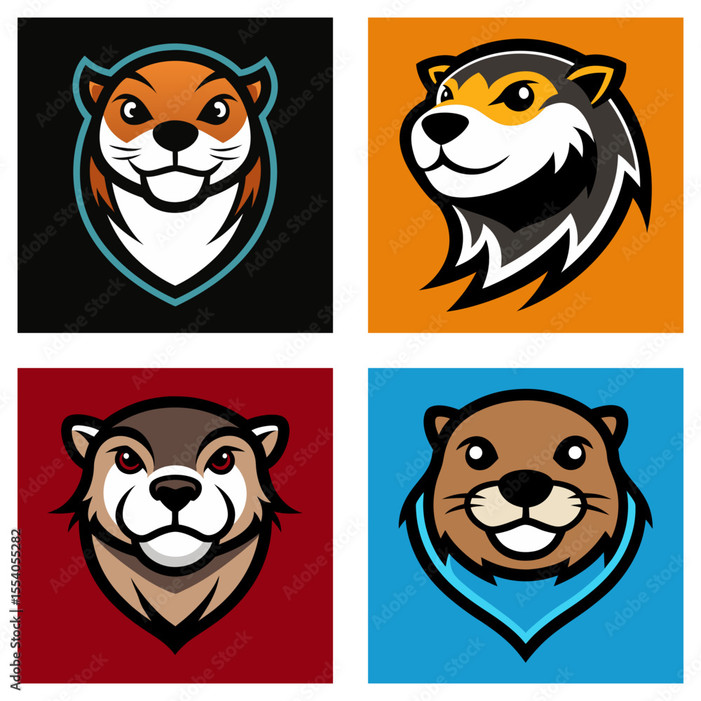 Poster Four otter mascot logos displayed on a grid with different color schemes and background colors design