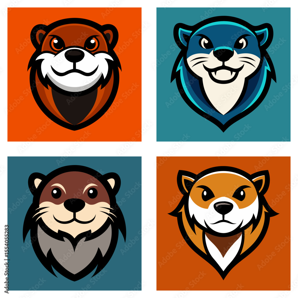 Poster four otter head illustrations in different color schemes and background colors in a square format
