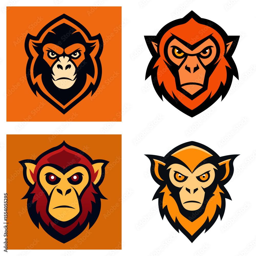 Poster four monkey head illustrations with different color palettes and angry expressions on a white backgr