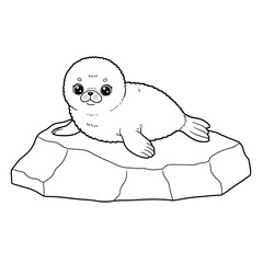 A cute seal pup lounges on a cracked ice floe, gazing with big round eyes amid the frigid landscape.