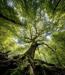 Fototapeta premium Low-angle view of a majestic tree with exposed roots, surrounded by lush green foliage under a bright sky