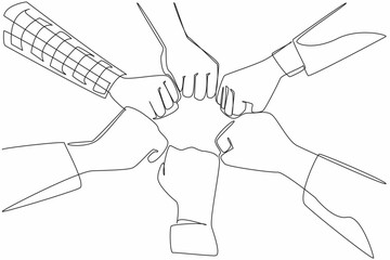 Single one line drawing 6 hands with different sleeve styles, clenching their fists together. Reaching consensus. Uniting spirit. Teamwork. Join Hands Day. Continuous line design graphic illustration